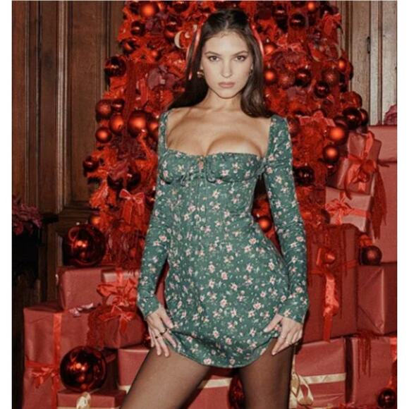 House of CB Green Malika Christmas Print Mini Dress XS Tall - Picture 7 of 7